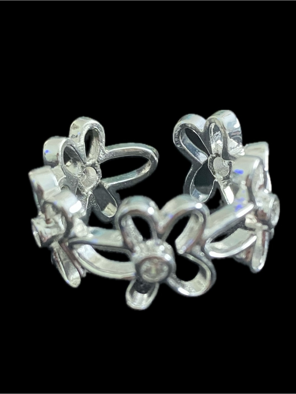 Sterling Silver with CZ Adjustable Thumb - Finger Ring- Women's Silver Flower